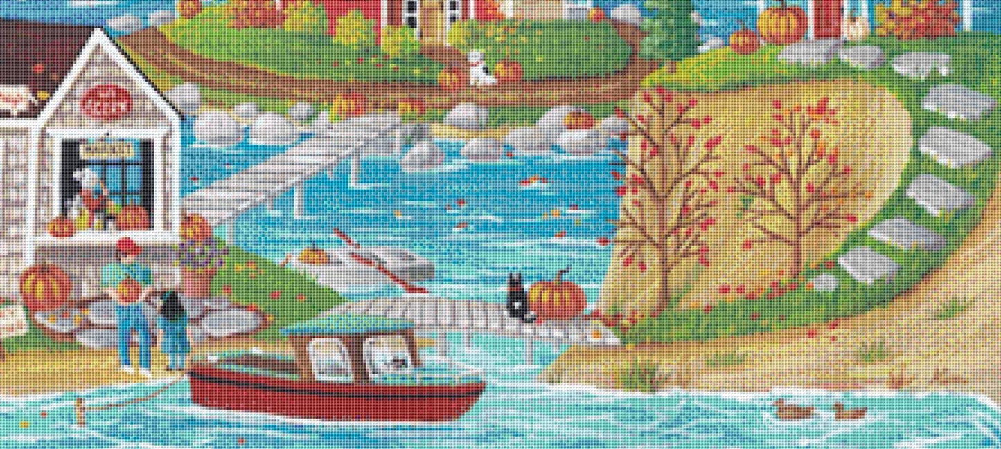 Autumn in Chestnut Cove counted cross stitch pattern by Kim Leo licensed by JMS Art Licensing