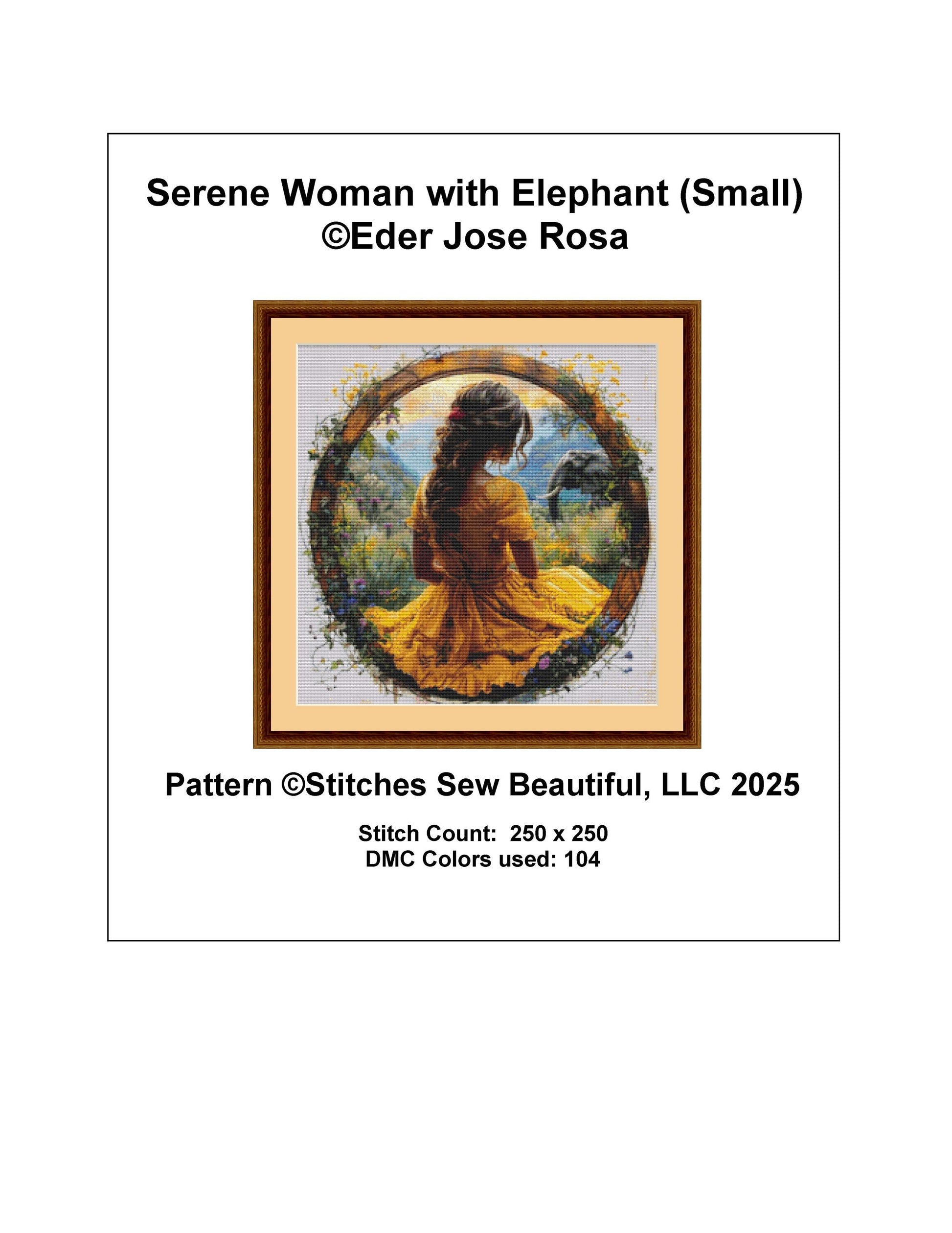 Serene Woman with Elephant (Small) counted cross stitch pattern by Eder Jose Rosa