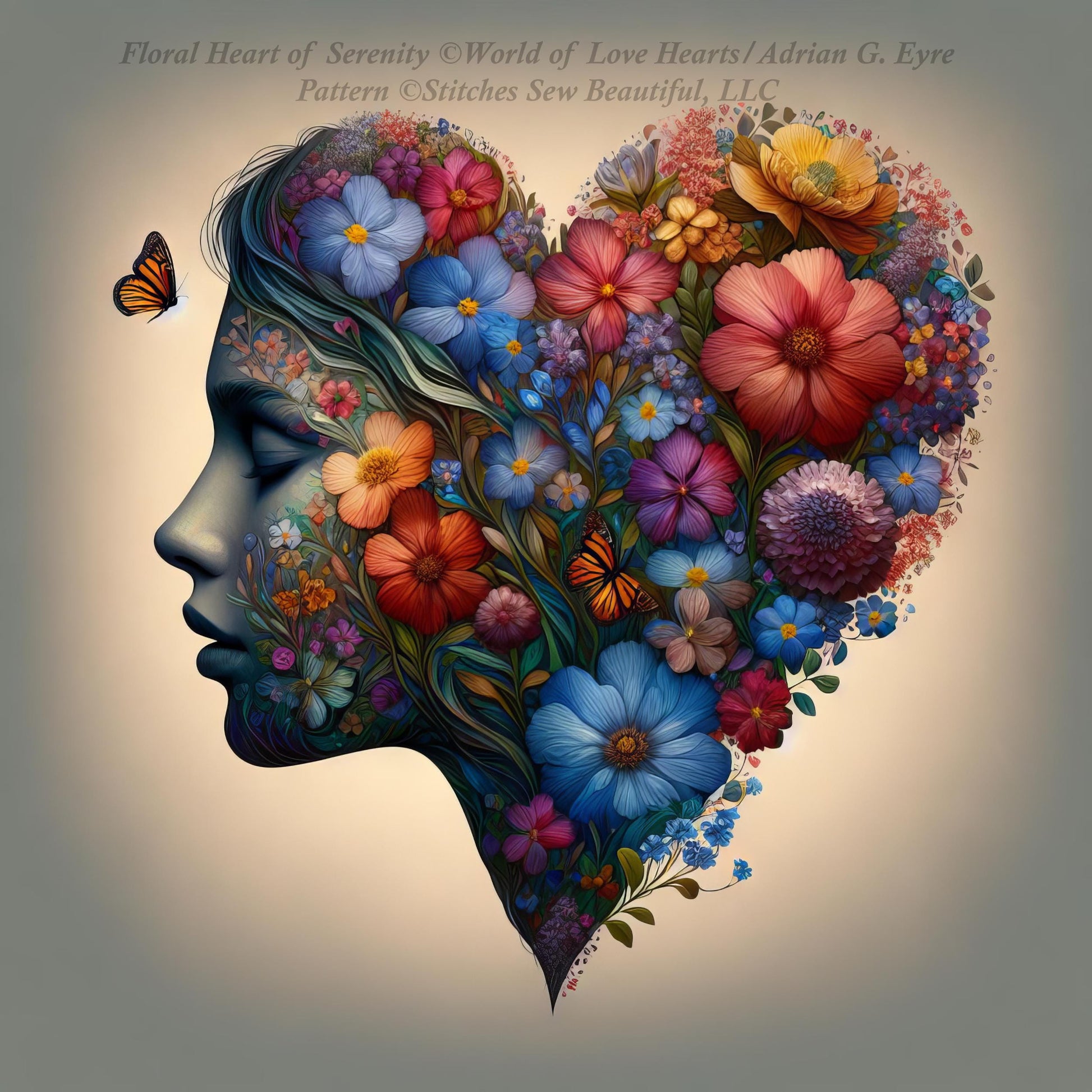 Floral Heart of Serenity counted cross stitch pattern by World of Love Hearts/Adrian G. Eyre