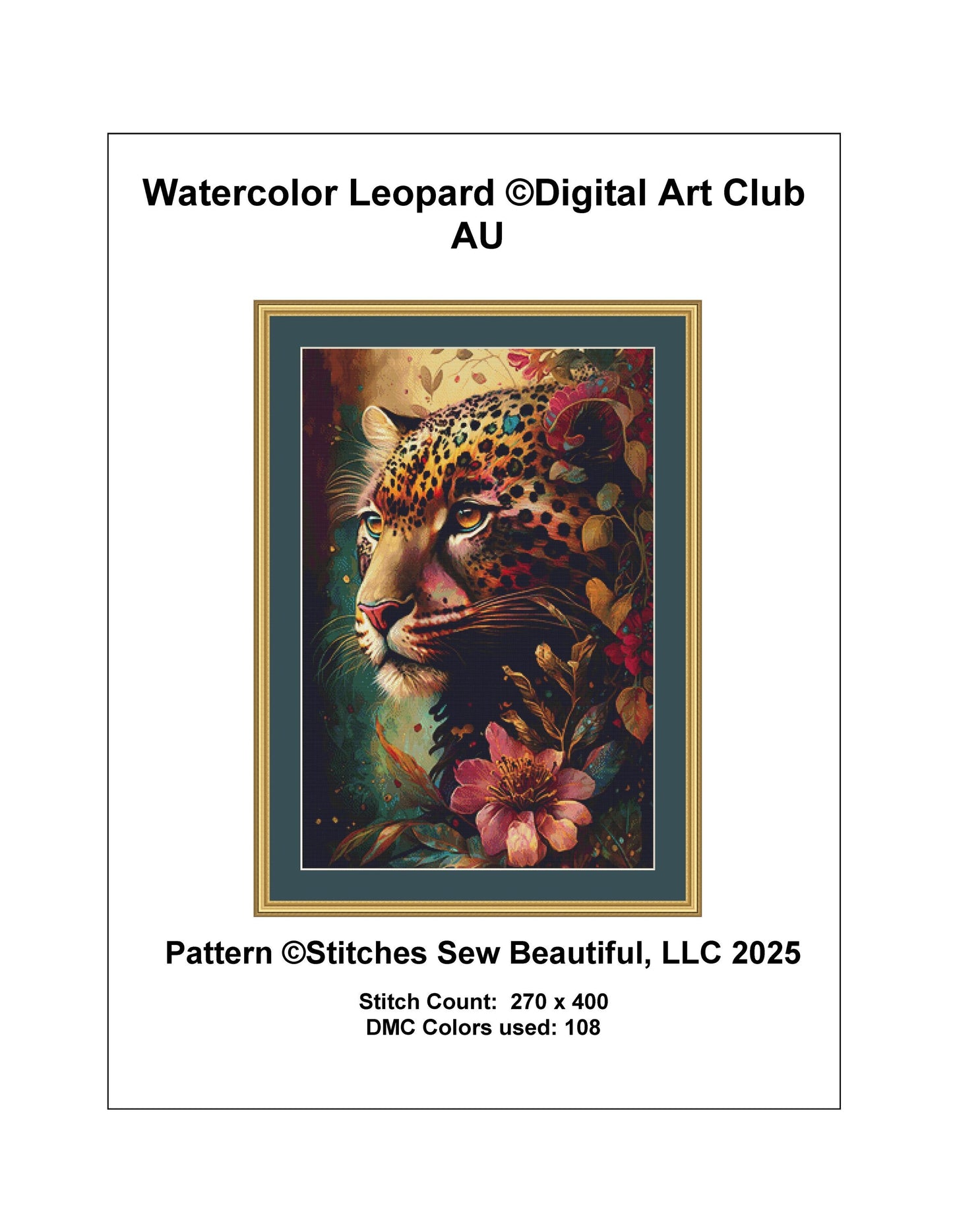Watercolor Leopard counted cross stitch pattern by Digital Art Club AU