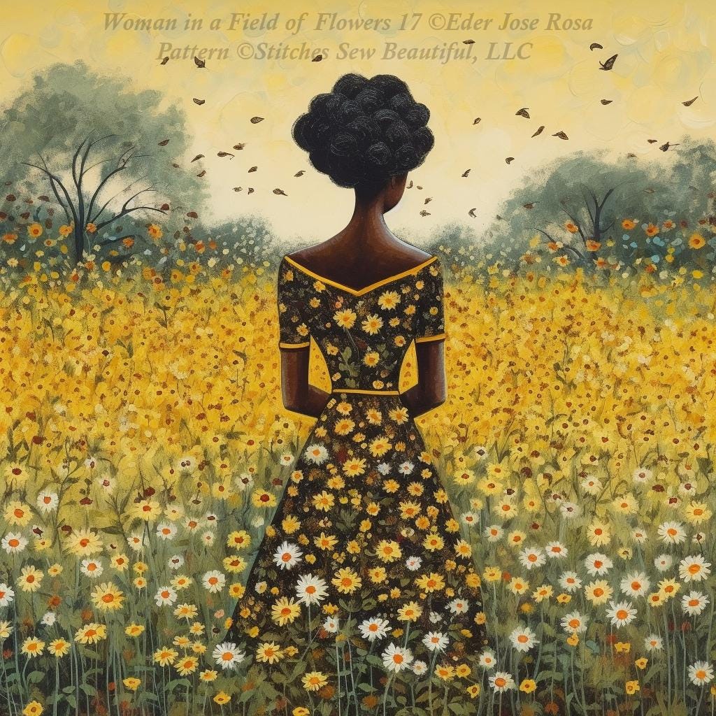 Woman in a Field of Flowers 17 counted cross stitch pattern by Eder Jose Rosa