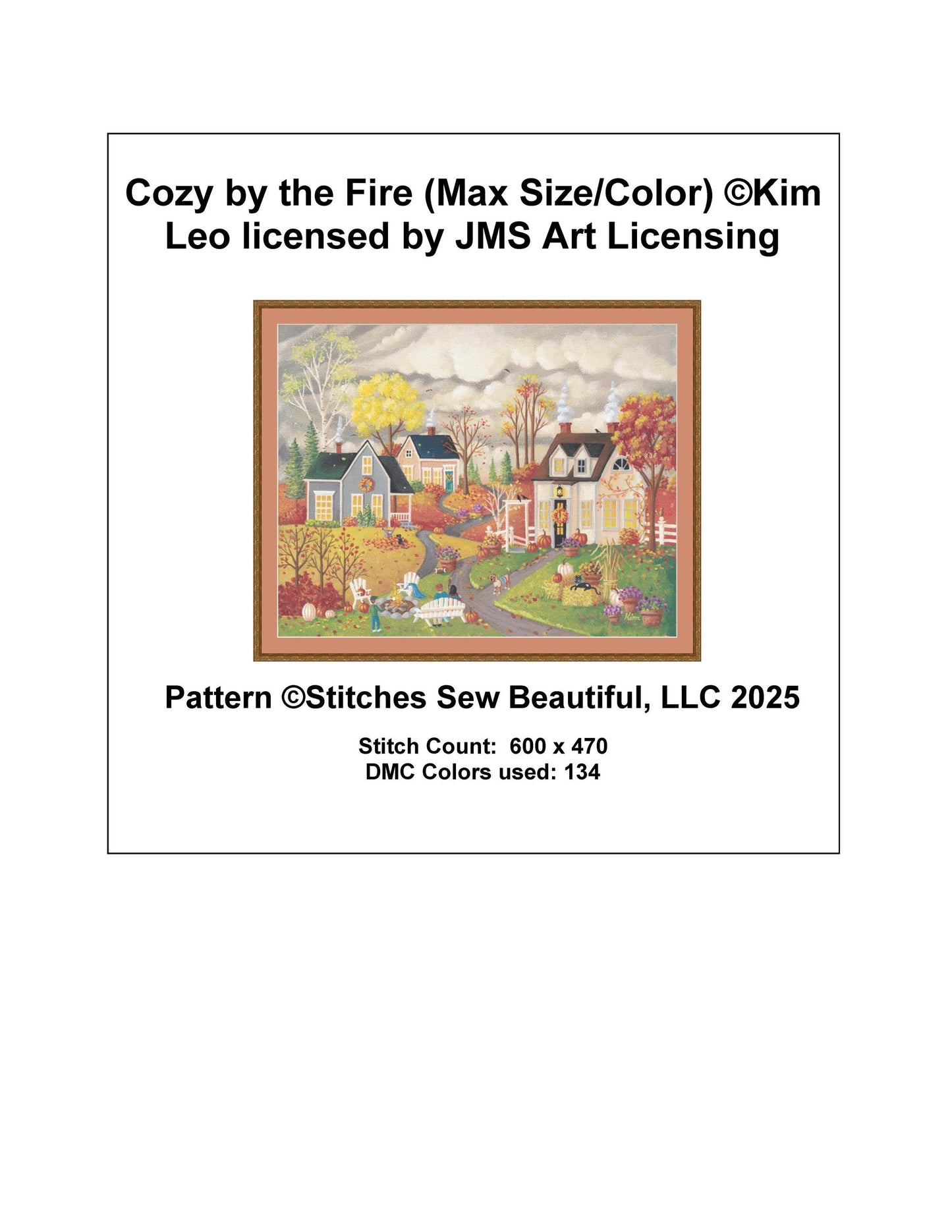 Cozy by the Fire (Max Size/Color) counted cross stitch pattern by Kim Leo licensed by JMS Art Licensing
