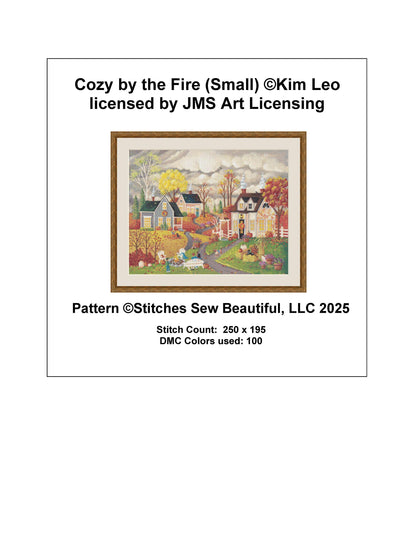 Cozy by the Fire (Small) counted cross stitch pattern by Kim Leo licensed by JMS Art Licensing