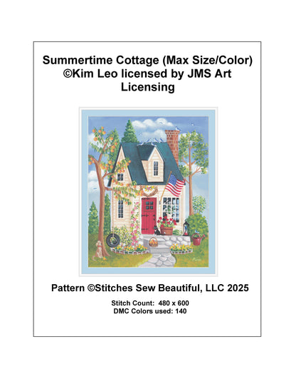 Summertime Cottage (Max Size/Color) counted cross stitch pattern by Kim Leo licensed by JMS Art Licensing