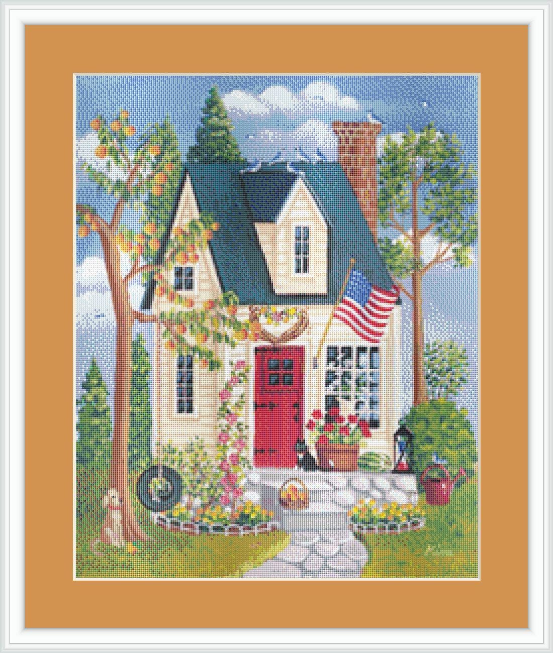 Summertime Cottage (Small) counted cross stitch pattern by Kim Leo licensed by JMS Art Licensing