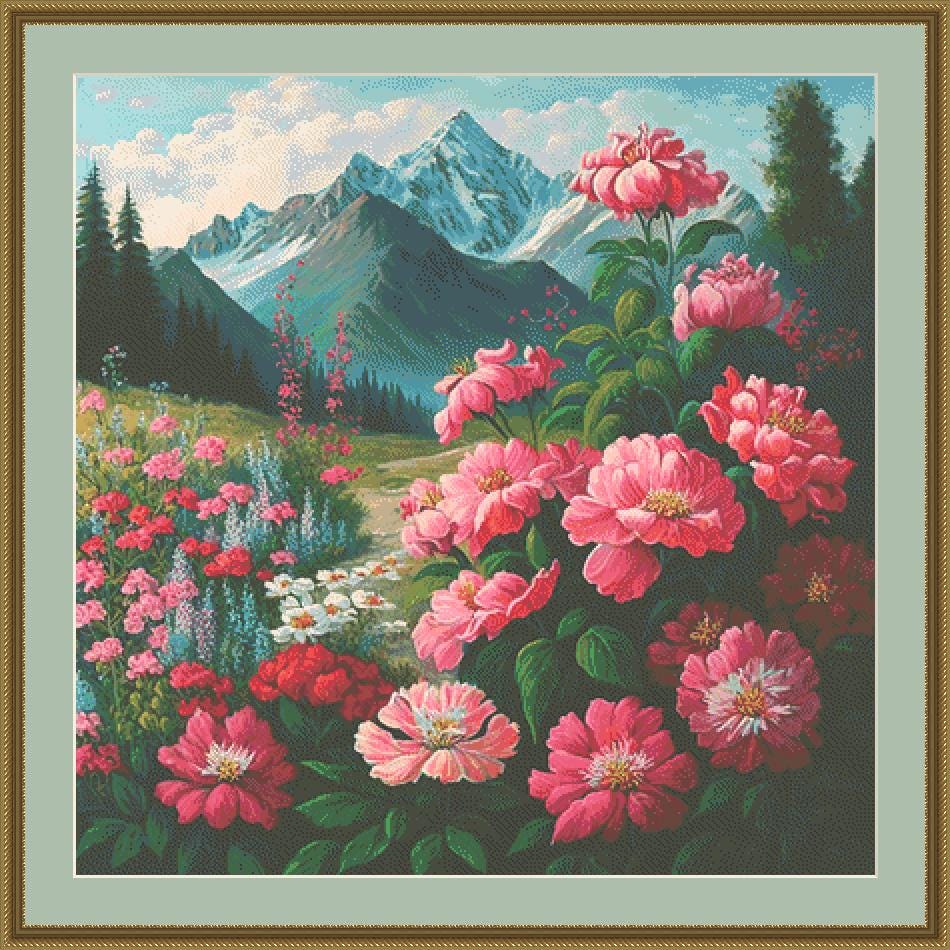 Mountain Meadow counted cross stitch pattern by Peaceful Art Colors
