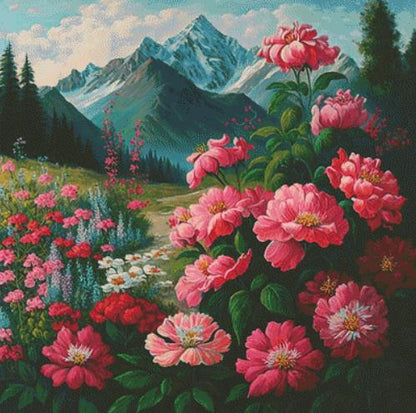Mountain Meadow counted cross stitch pattern by Peaceful Art Colors