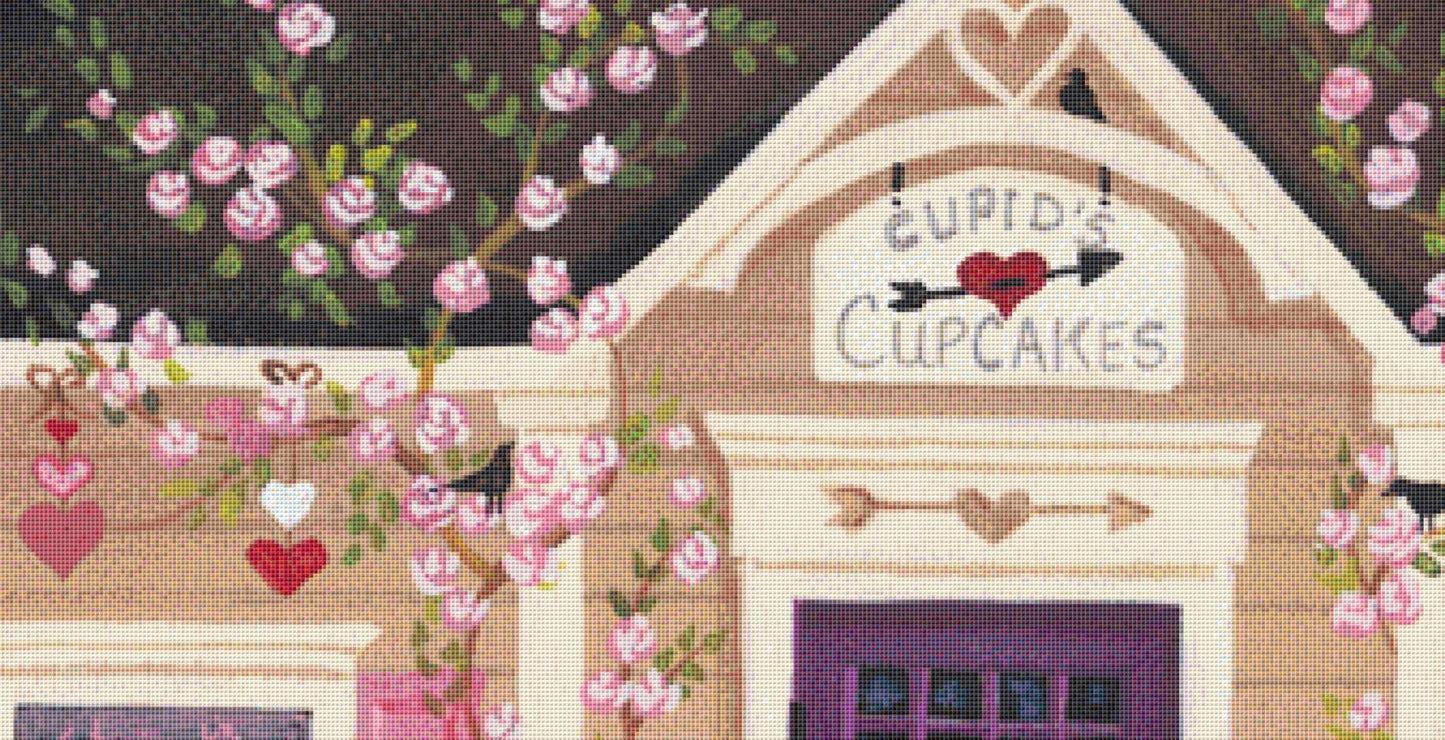 Cupid's Cupcakes (Max Size/Color) counted  cross stitch pattern by Kim Leo licensed by JMS Art Licensing