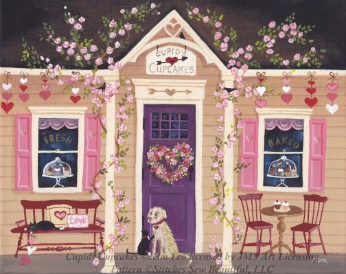 Cupid's Cupcakes (Max Size/Color) counted  cross stitch pattern by Kim Leo licensed by JMS Art Licensing