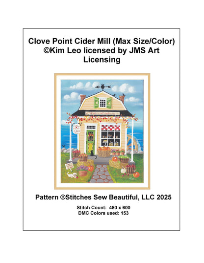 Clove Point Cider Mill (Max Size/Color) counted cross stitch pattern by Kim Leo licensed by JMS Art Licensing