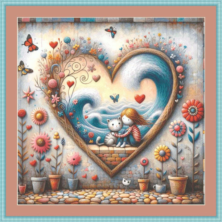 Cradled by Waves Filled with Love and Wonder counted cross stitch pattern by World of Love Hearts/Adrian G. Eyre