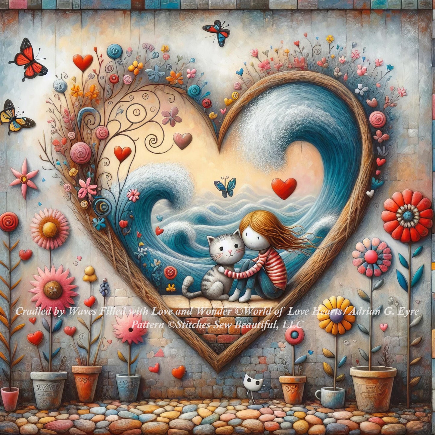 Cradled by Waves Filled with Love and Wonder counted cross stitch pattern by World of Love Hearts/Adrian G. Eyre