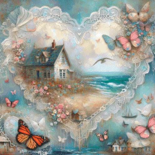 Cottage from a Dream of Lace and Ocean Mist counted cross stitch pattern by World of Love Hearts/Adrian G. Eyre