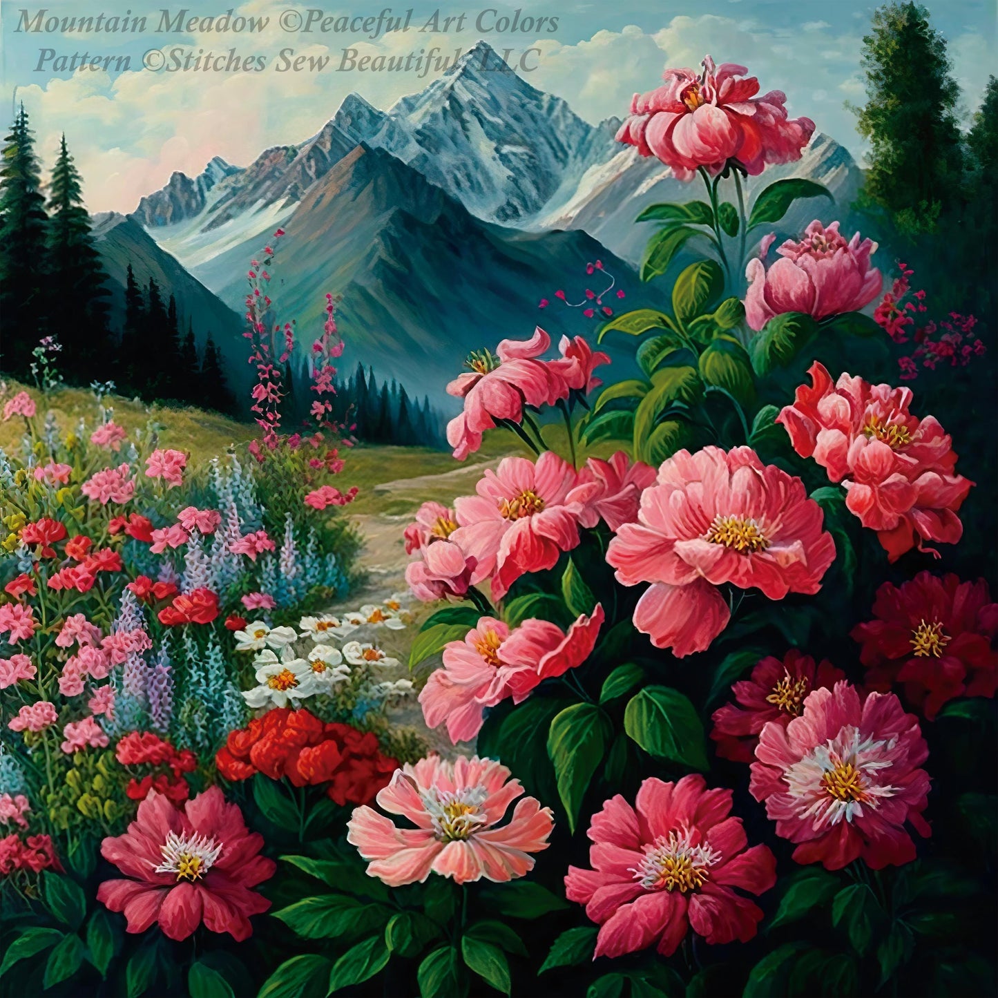 Mountain Meadow counted cross stitch pattern by Peaceful Art Colors