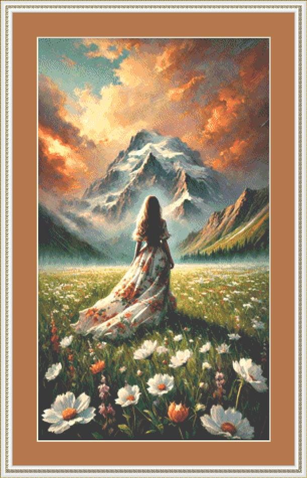 The Woman in the Field of Flowers and the Mountain counted cross stitch pattern by Eder Jose Rosa