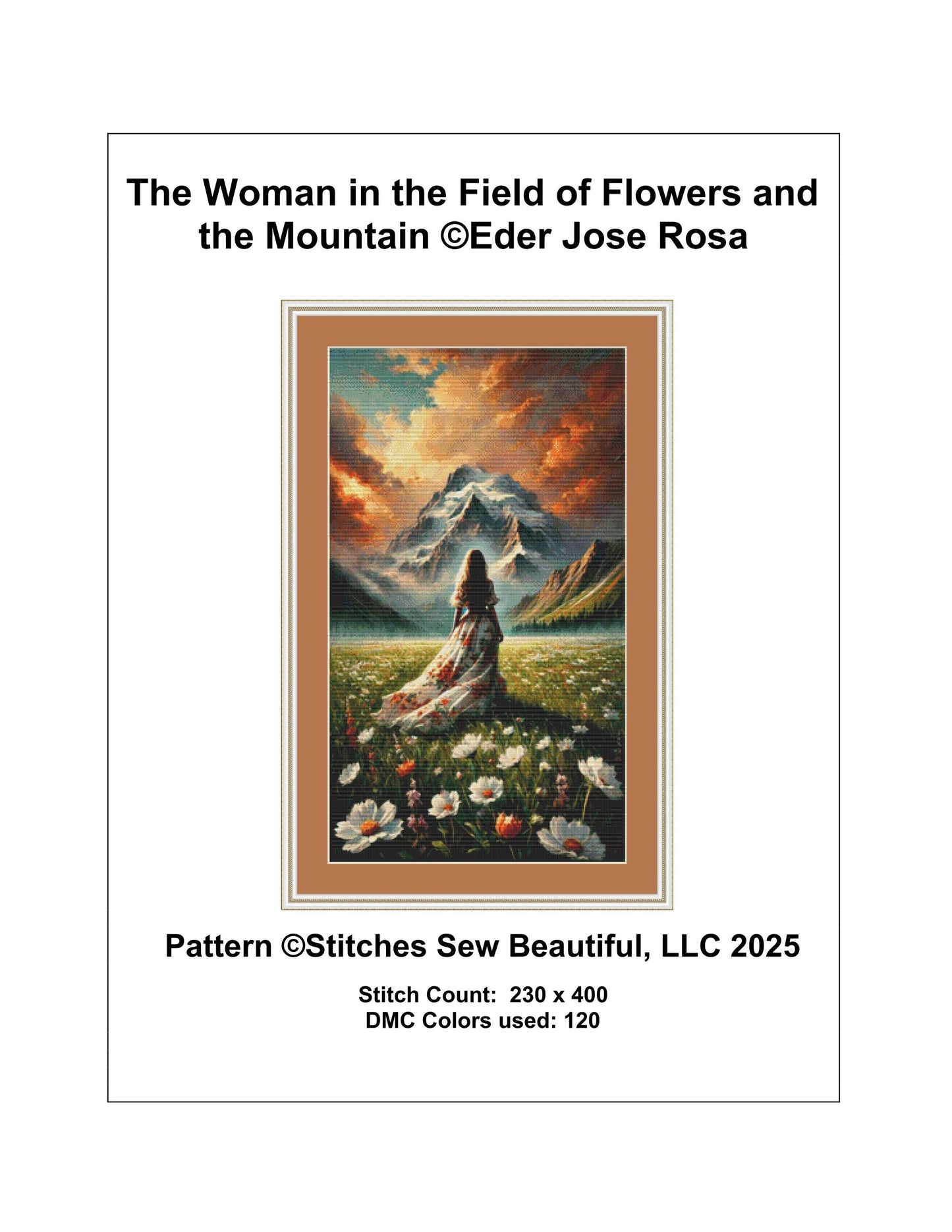 The Woman in the Field of Flowers and the Mountain counted cross stitch pattern by Eder Jose Rosa
