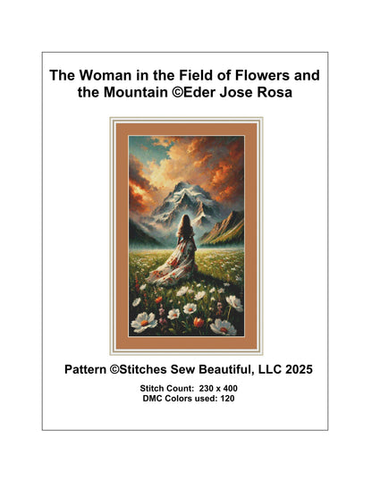 The Woman in the Field of Flowers and the Mountain counted cross stitch pattern by Eder Jose Rosa