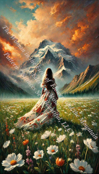 The Woman in the Field of Flowers and the Mountain counted cross stitch pattern by Eder Jose Rosa