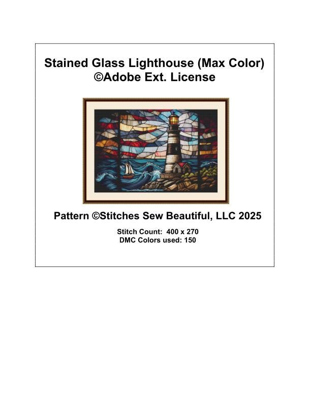 Stained Glass Lighthouse (Max Color) counted cross stitch pattern ©Adobe Ext. License
