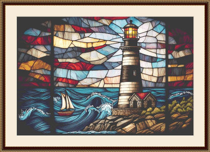 Stained Glass Lighthouse (Max Color) counted cross stitch pattern ©Adobe Ext. License