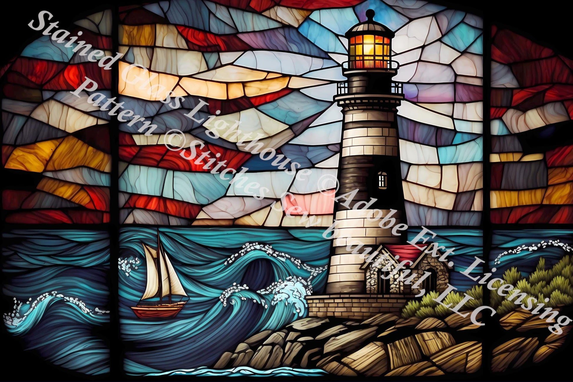 Stained Glass Lighthouse (Max Size/Color) counted cross stitch pattern ©Adobe Ext. License