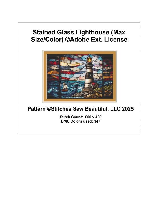 Stained Glass Lighthouse (Max Size/Color) counted cross stitch pattern ©Adobe Ext. License