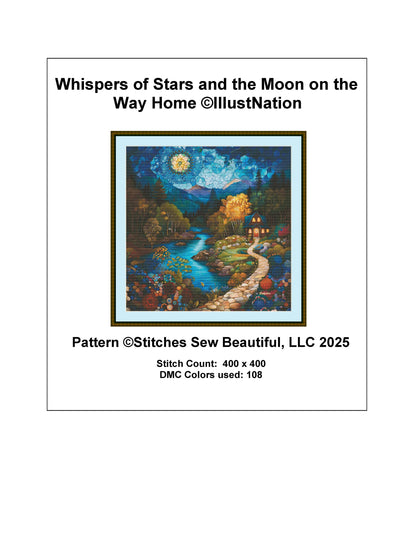 Whispers of the Stars and Moon on the Way Home counted cross stitch pattern by IllustNation