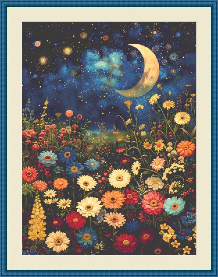 Field of Flowers Bathed in Soft Moonlight counted cross stitch pattern by IllustNation