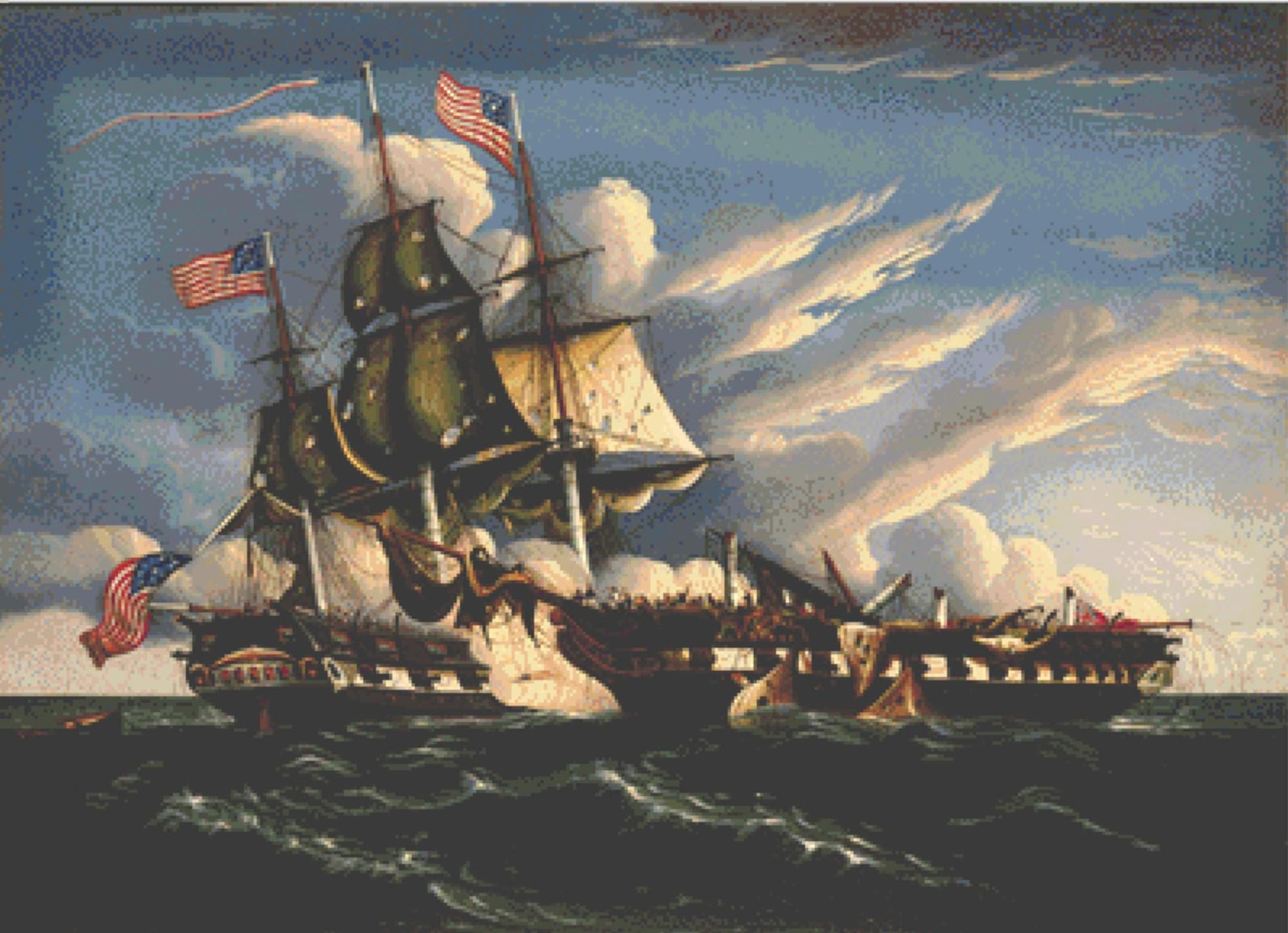The Constitution and the Guerriere counted cross stitch pattern by Thomas Chambers ca. 1845