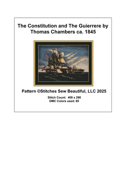 The Constitution and the Guerriere counted cross stitch pattern by Thomas Chambers ca. 1845