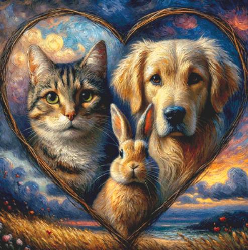 Harmony in Hues Cat, Dog, and Rabbit (Max Color) counted cross stitch pattern by World of Love Hearts/Adrian G. Eyre