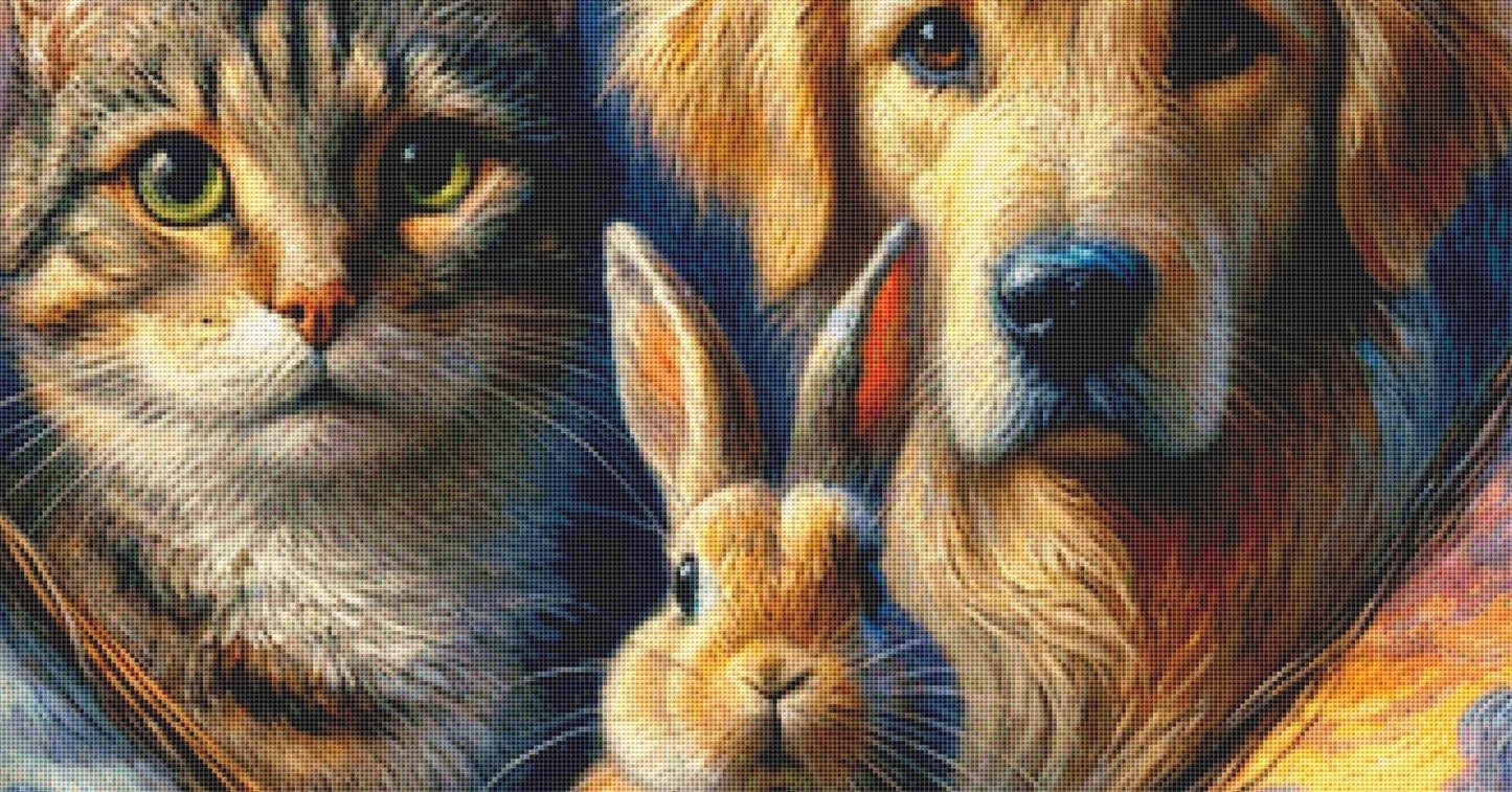 Harmony in Hues Cat, Dog, and Rabbit (Max Color) counted cross stitch pattern by World of Love Hearts/Adrian G. Eyre