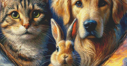 Harmony in Hues Cat, Dog, and Rabbit (Max Color) counted cross stitch pattern by World of Love Hearts/Adrian G. Eyre