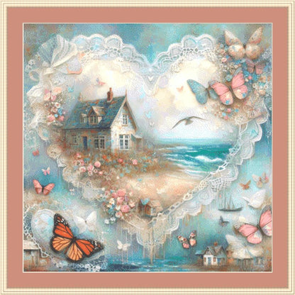 Cottage from a Dream of Lace and Ocean Mist counted cross stitch pattern by World of Love Hearts/Adrian G. Eyre