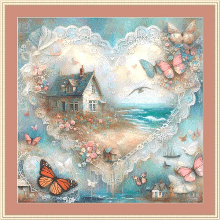 Cottage from a Dream of Lace and Ocean Mist counted cross stitch pattern by World of Love Hearts/Adrian G. Eyre