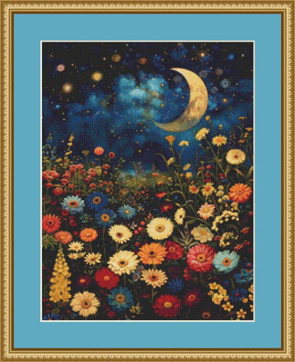 Field of Flowers Bathed in Soft Moonlight (Small) counted cross stitch pattern by IllustNation