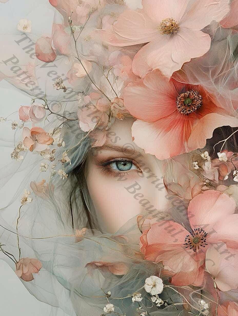 The Veil of Flowers counted cross stitch pattern by Ingrid Jean AI Art