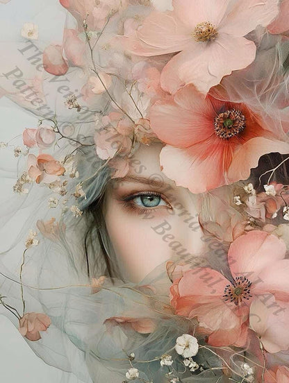 The Veil of Flowers counted cross stitch pattern by Ingrid Jean AI Art