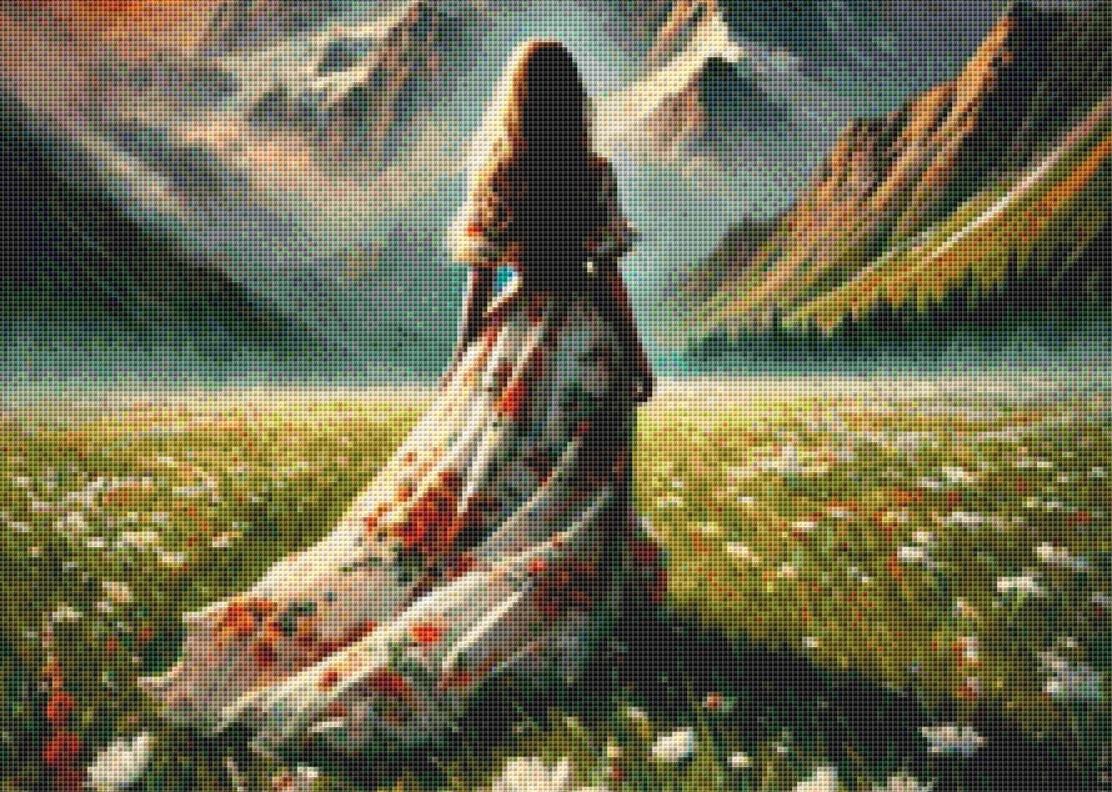 The Woman in the Field of Flowers and the Mountain counted cross stitch pattern by Eder Jose Rosa