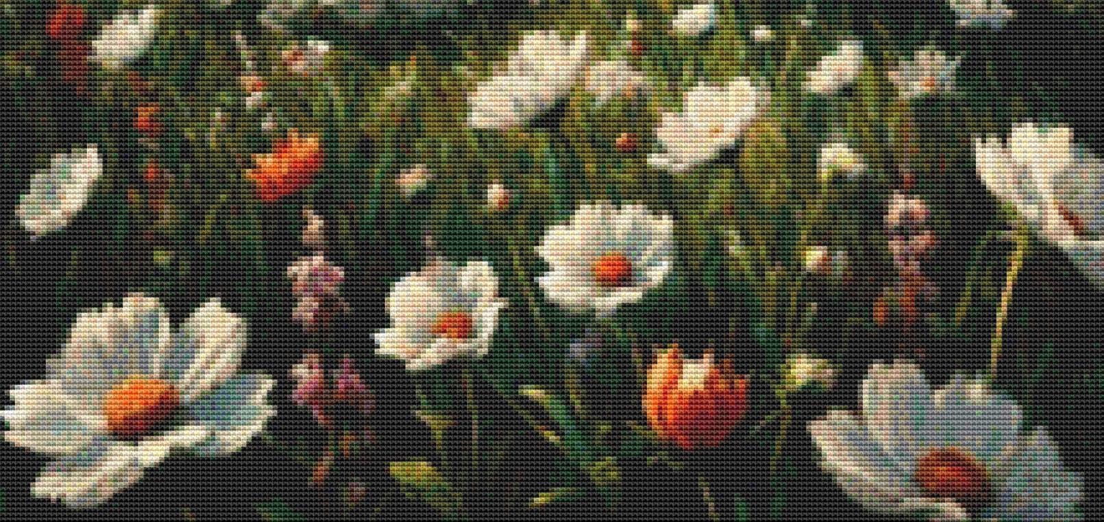 The Woman in the Field of Flowers and the Mountain counted cross stitch pattern by Eder Jose Rosa