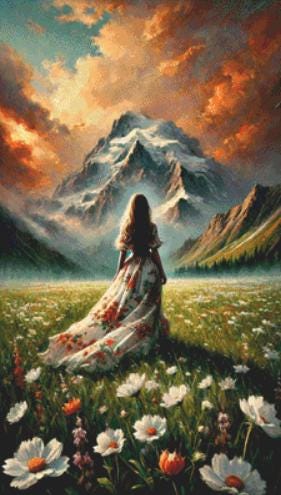 The Woman in the Field of Flowers and the Mountain counted cross stitch pattern by Eder Jose Rosa