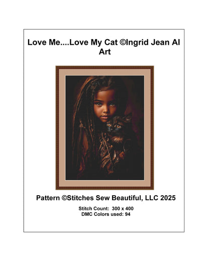 Love Me....Love My Cat counted cross stitch pattern by Ingrid Jean AI Art