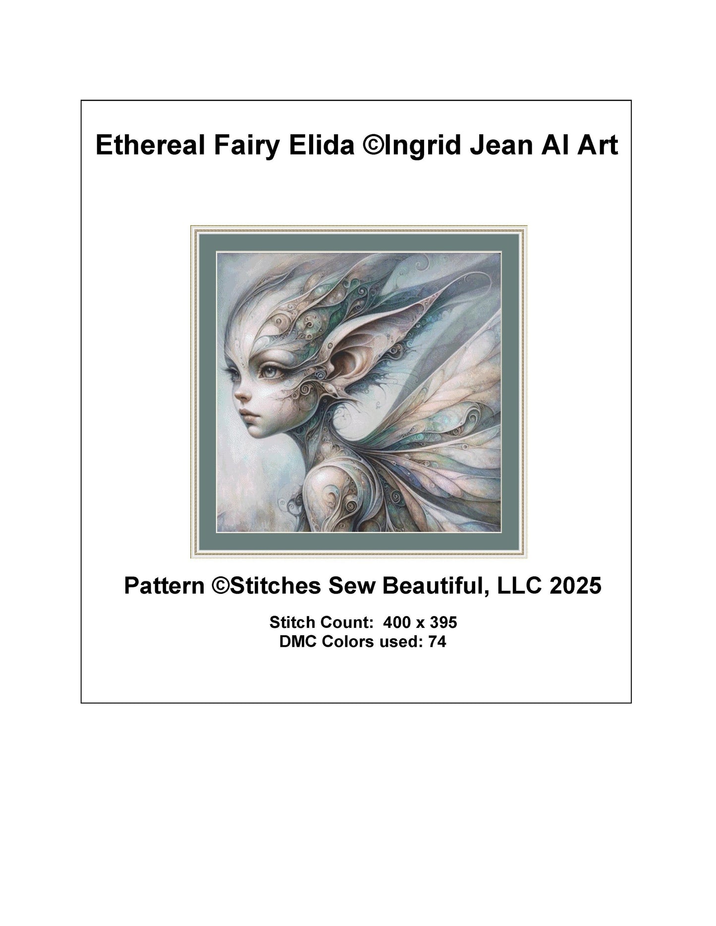 Ethereal Fairy Elida counted cross stitch pattern by Ingrid Jean AI Art