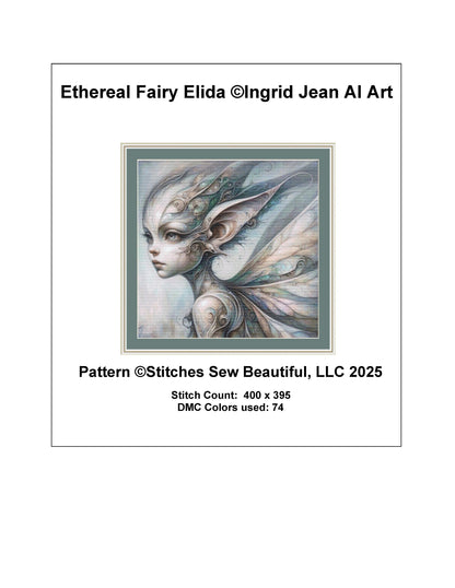 Ethereal Fairy Elida counted cross stitch pattern by Ingrid Jean AI Art