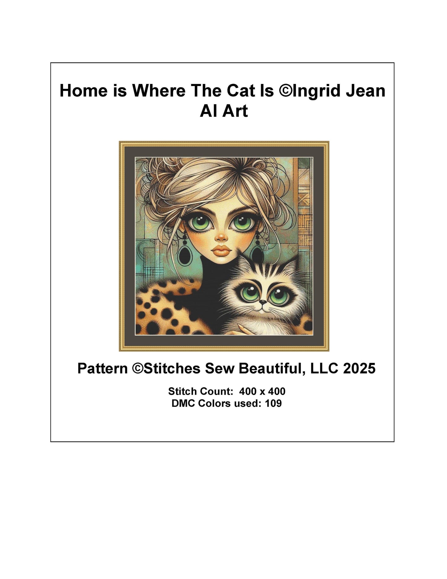 Home is Where The Cat Is counted cross stitch pattern by Ingrid Jean AI Art