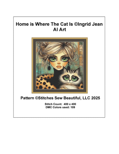 Home is Where The Cat Is counted cross stitch pattern by Ingrid Jean AI Art