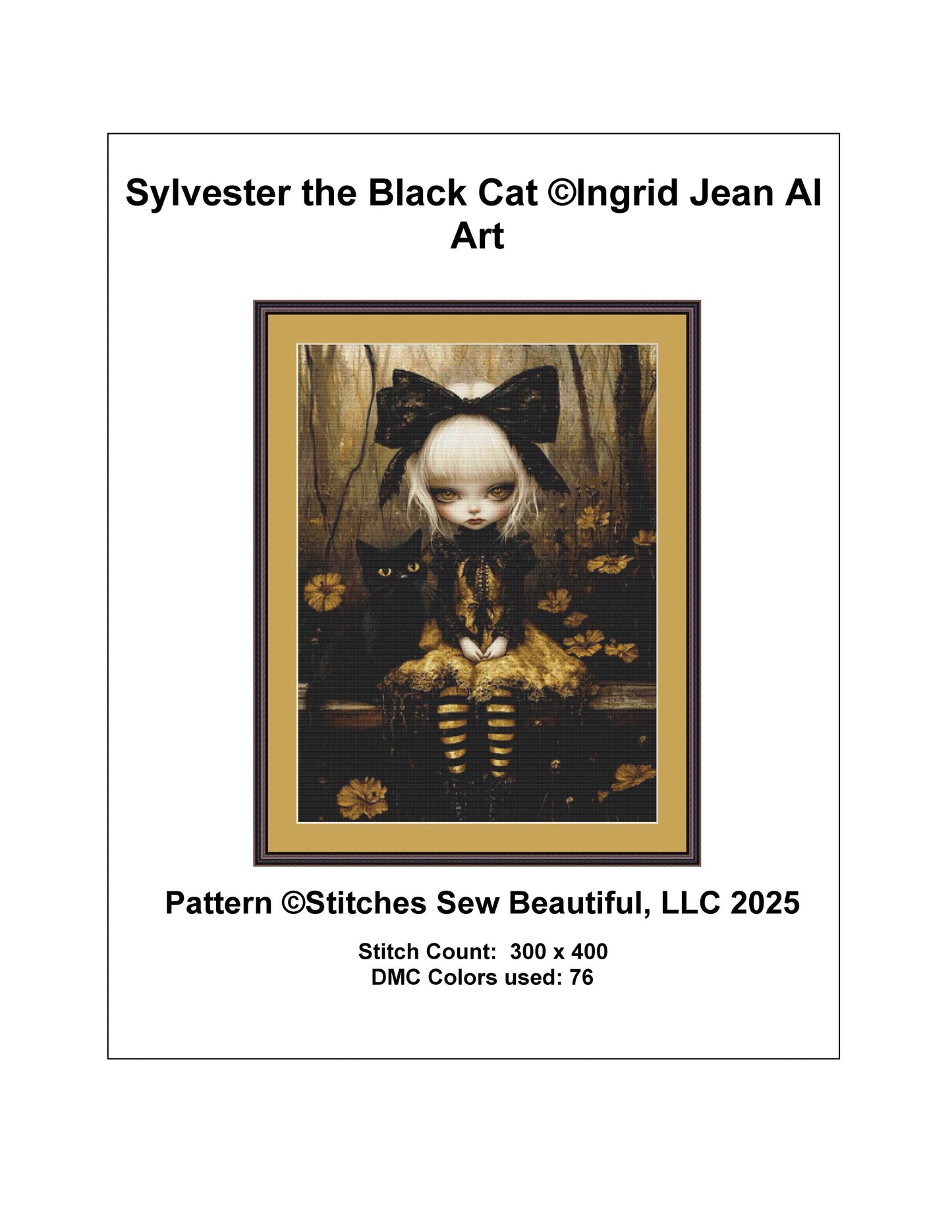 Sylvester the Black Cat counted cross stitch pattern by Ingrid Jean AI Art