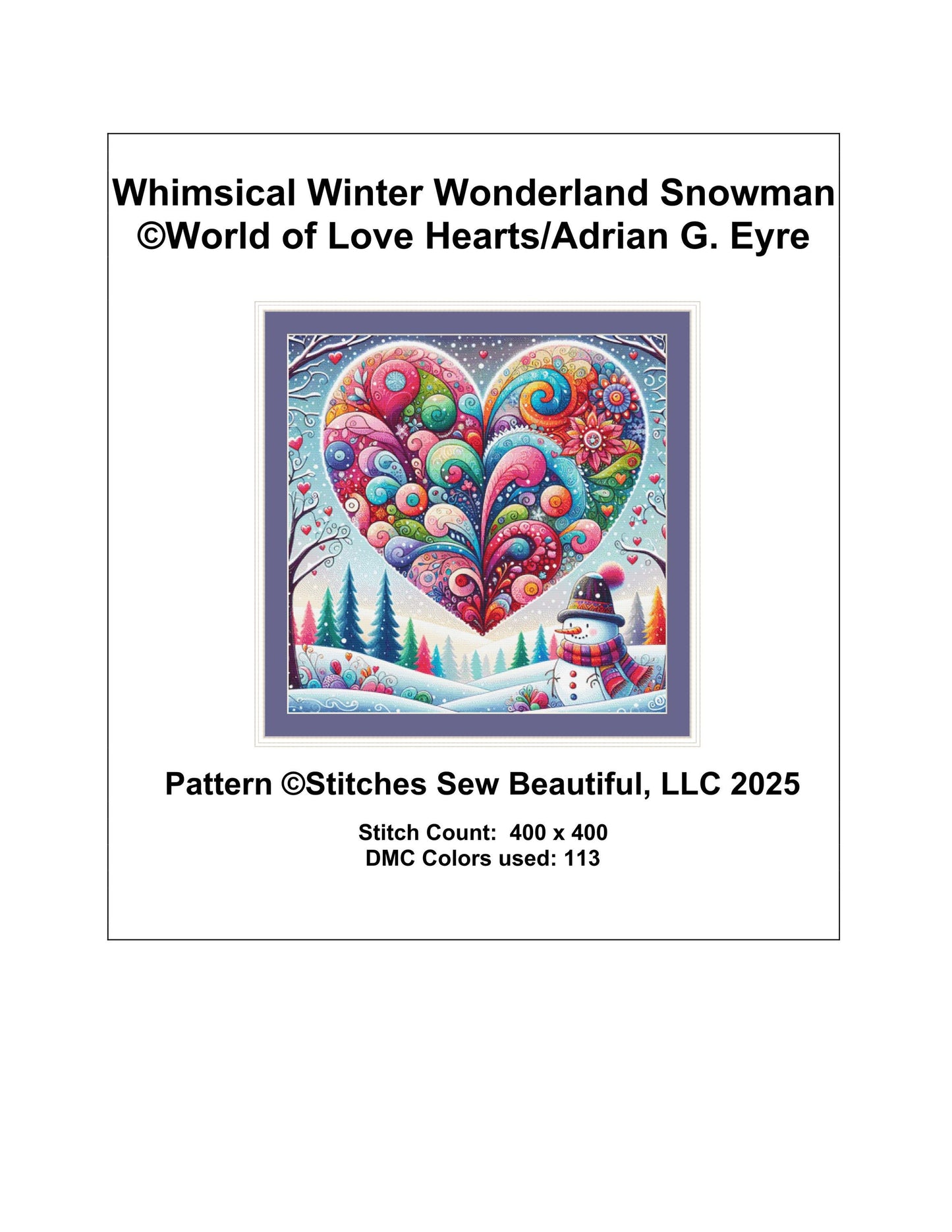 Whimsical Winter Wonderland Snowman counted cross stitch pattern by World of Love Hearts/Adrian G. Eyre