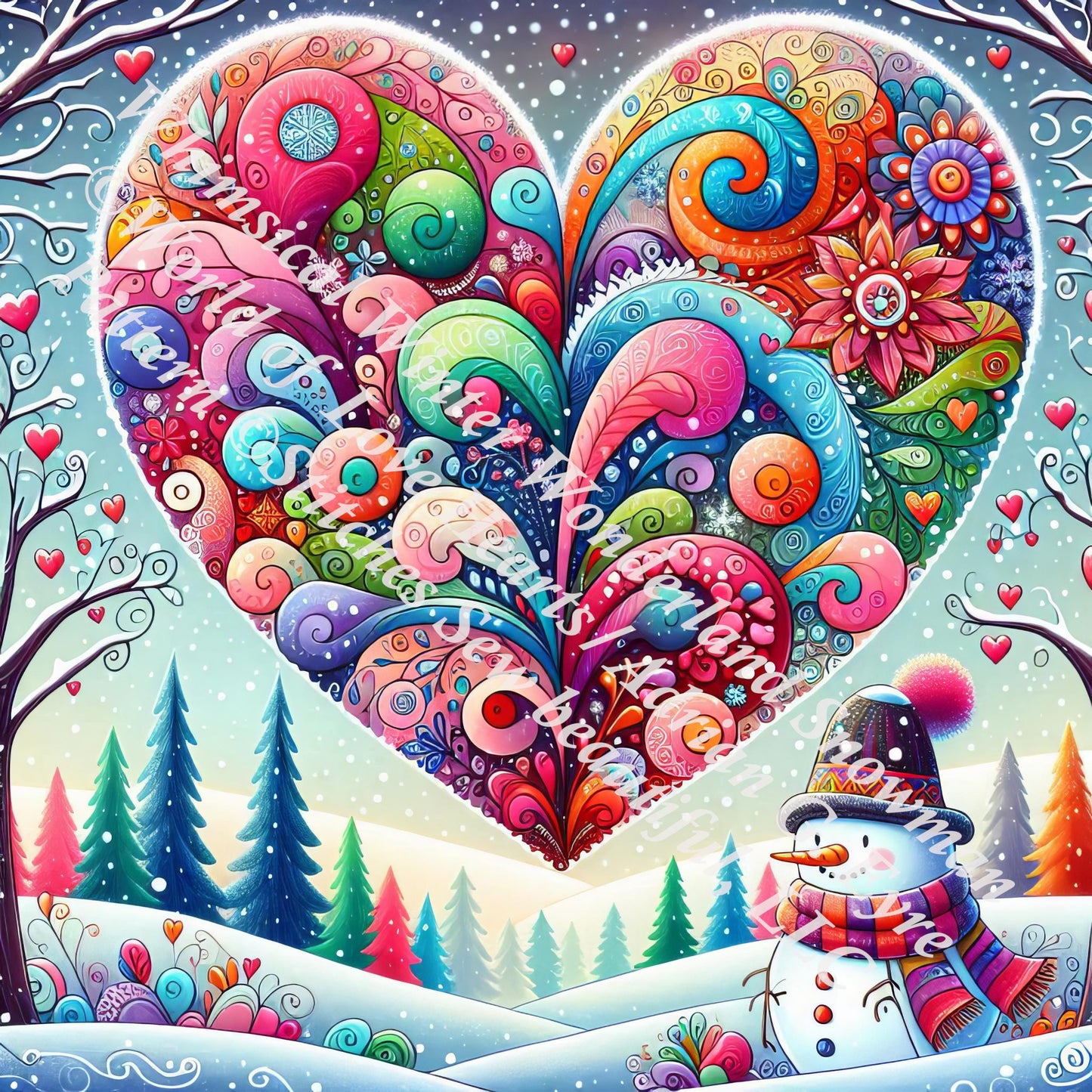 Whimsical Winter Wonderland Snowman counted cross stitch pattern by World of Love Hearts/Adrian G. Eyre