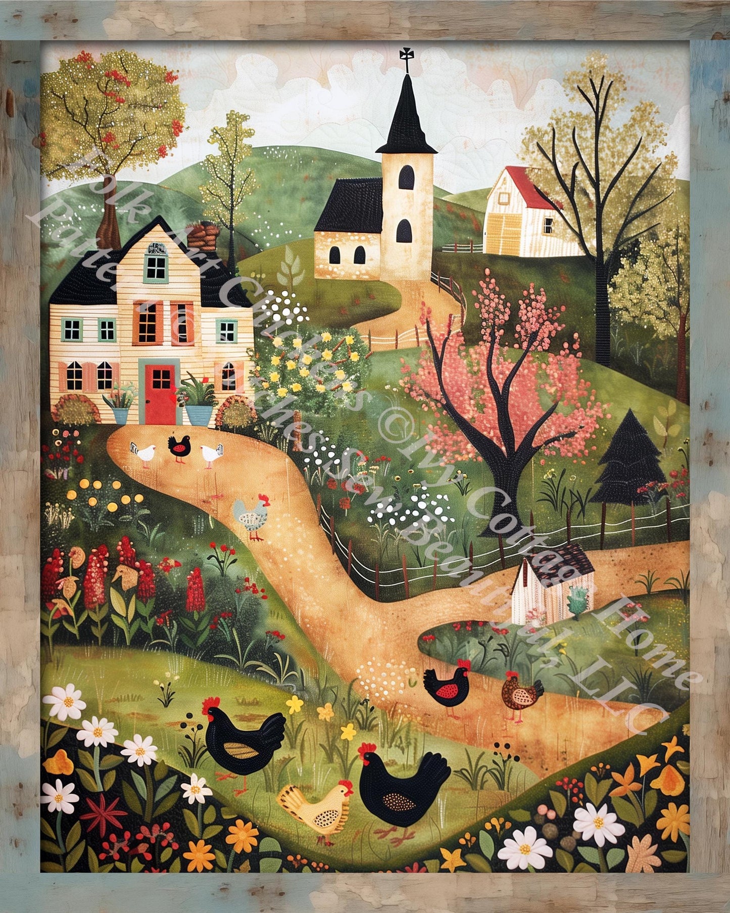 Folk Art Chickens counted cross stitch pattern by Ivy Cottage Home